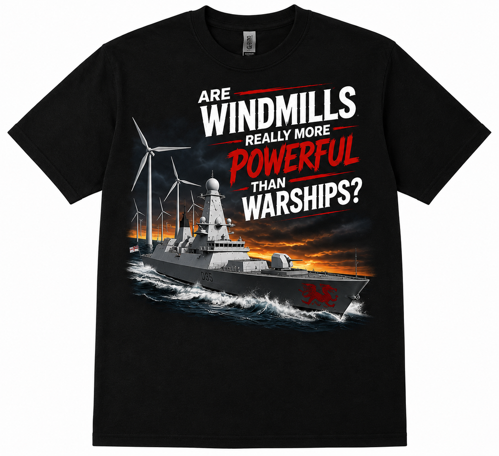 ARE WINDMILLS REALLY MORE POWERFUL THAN WARSHIPS? Men's T-Shirt